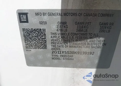 2019 Chevrolet Impala Ls z USA, uszkodzony, nr VIN 2G11Y5S30K9139192